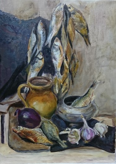 Painting titled "DRIED FISHES" by Albina Safiu, Original Artwork, Oil