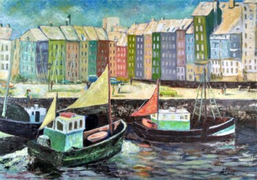 Painting titled "Small harbor of hap…" by Albina Urbanek, Original Artwork, Oil