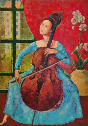 Painting titled "Violoncellist" by Albina Urbanek, Original Artwork, Oil
