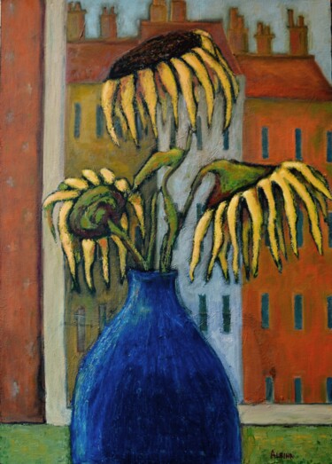 Painting titled "Fleur de tournesol" by Albina Urbanek, Original Artwork, Oil