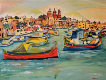 Schilderij getiteld "Marsaxlokk (Malte)" door Albina Urbanek, Origineel Kunstwerk, Olie