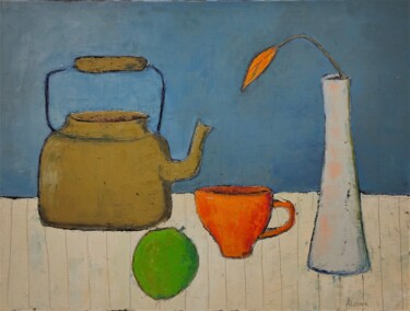 Painting titled "Breakfast with tulip" by Albina Urbanek, Original Artwork, Oil Mounted on Wood Stretcher frame