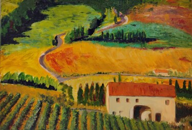 Painting titled "A la ferme (Italie)" by Albina Urbanek, Original Artwork, Oil Mounted on Wood Stretcher frame