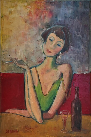 Painting titled "Au café 5" by Albina Urbanek, Original Artwork, Oil Mounted on Wood Stretcher frame