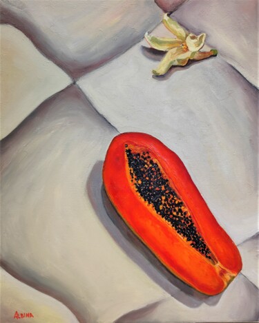 Painting titled "Fleur de Papaye" by Albina Urbanek, Original Artwork, Oil Mounted on Wood Stretcher frame
