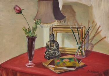 Painting titled "Nature morte au Bou…" by Albina Urbanek, Original Artwork, Oil Mounted on Wood Stretcher frame