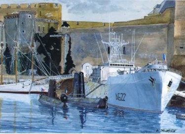Peinture intitulée "sous marins Brest" par Alain Delafosse, Œuvre d'art originale