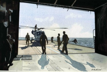 Peinture intitulée "hangar Hélicoptères…" par Alain Delafosse, Œuvre d'art originale, Autre