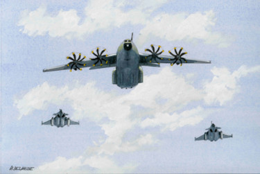 Painting titled "A400M et rafales" by Alain Delafosse, Original Artwork, Other