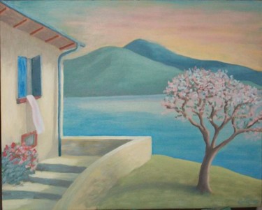 Pittura intitolato "Il pesco sul lago" da Aldo Sada, Opera d'arte originale