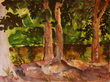 Картина под названием "Сосны на берегу реки" - Алексей Филиппов, Подлинное произведение искусства, Акварель