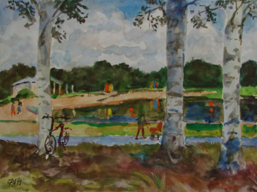 Painting titled "Березы у озера" by Aleksei Filippov, Original Artwork, Watercolor