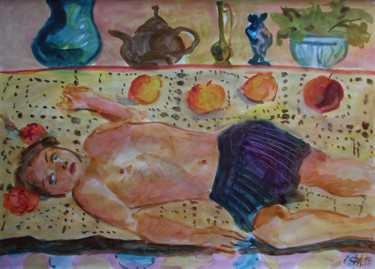 Картина под названием "Девочка с яблоками" - Алексей Филиппов, Подлинное произведение искусства, Акварель