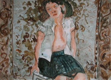 Картина под названием "Девочка на фоне ков…" - Алексей Филиппов, Подлинное произведение искусства, Акварель