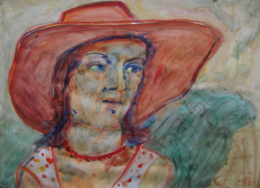 Картина под названием "Портрет жены в розо…" - Алексей Филиппов, Подлинное произведение искусства, Акварель