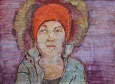 Картина под названием "Портрет Кати в крас…" - Алексей Филиппов, Подлинное произведение искусства, Акварель