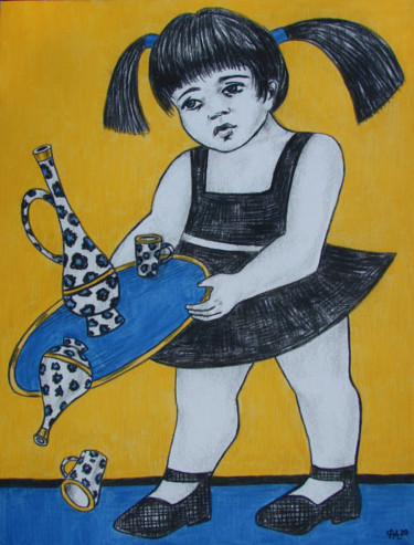 Картина под названием "Девочка с синим под…" - Алексей Филиппов, Подлинное произведение искусства, Масло