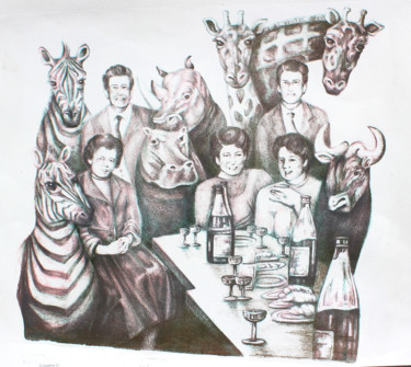 Druckgrafik mit dem Titel "Animamesa de amigos" von Alejandra Coirini, Original-Kunstwerk, Lithographie
