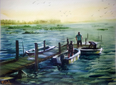 Pintura titulada "pesca-en-laguna-cha…" por Alejandro Fidelio, Obra de arte original, Acuarela