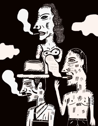 Printmaking titled ""Smokers"" by Alejandro Alvarez Ruiz, Original Artwork, Screenprinting