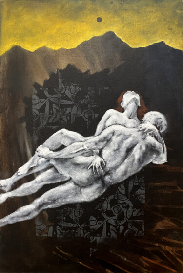 Painting titled "Portrait of  a nake…" by Alek Tretiak, Original Artwork, Oil Mounted on Wood Panel
