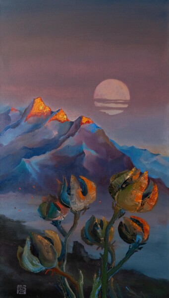 Painting titled "Mountains #1" by Alek Tretiak, Original Artwork, Oil Mounted on Wood Stretcher frame
