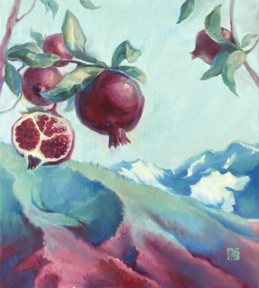 Pittura intitolato "Pomegranates" da Alek Tretiak, Opera d'arte originale, Olio Montato su Telaio per barella in legno