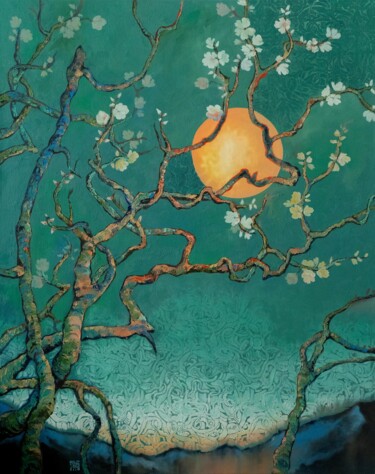 Painting titled "Almond Blossoms #1" by Alek Tretiak, Original Artwork, Oil Mounted on Wood Stretcher frame