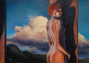 Painting titled "Red Woman" by Alek Tretiak, Original Artwork, Oil Mounted on Wood Stretcher frame