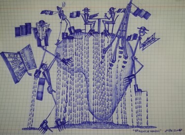 Drawing titled ""FRENCH HAVOC"" by Lucette Aleki, Original Artwork, Ballpoint pen