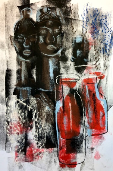 Drawing titled "Two with red jars" by Alexandra Kraeva, Original Artwork, Pastel