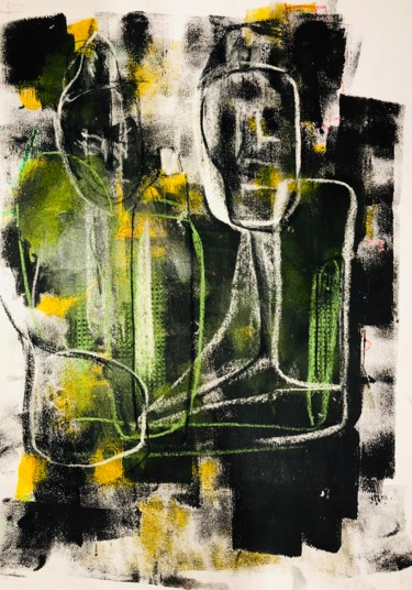 Drawing titled "Two and a green bot…" by Alexandra Kraeva, Original Artwork, Pastel