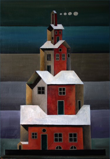 Painting titled "Snow-covered tower." by Aleks Voznesenskii, Original Artwork, Oil