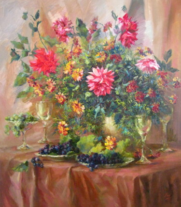 Painting titled "Dahlias and grapes." by Aleksa Assembler, Original Artwork, Oil