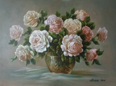 Painting titled "Bouquet of cream ro…" by Aleksa Assembler, Original Artwork, Oil