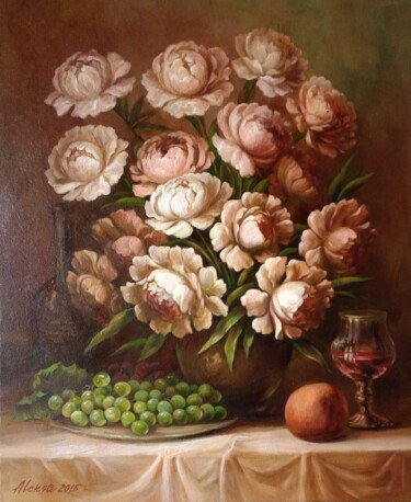 Painting titled "White peonies and r…" by Aleksa Assembler, Original Artwork, Oil