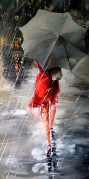 Картина под названием "девушка с зонтом" - Александр Раскольников, Подлинное произведение искусства, Масло
