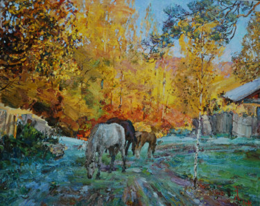 Картина под названием "Осень. Деревенская…" - Aleksander Babichev, Подлинное произведение искусства, Масло