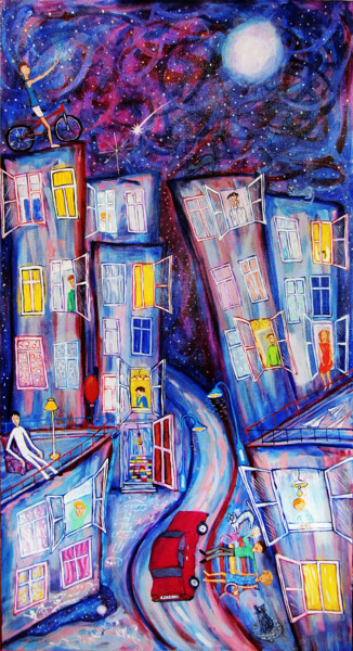 Картина под названием "Ночной город" - Aleksandr Bolkvadze, Подлинное произведение искусства, Масло Установлен на Деревянная…