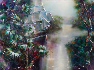 Painting titled "tropical motif" by Dobrodiy Alexandr, Original Artwork, Oil Mounted on Wood Stretcher frame