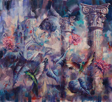 Painting titled "Blue birds" by Dobrodiy Alexandr, Original Artwork, Oil
