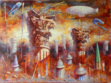 Painting titled "orange city" by Dobrodiy Alexandr, Original Artwork, Oil Mounted on Wood Stretcher frame