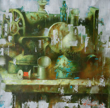 Painting titled "sewing machine" by Dobrodiy Alexandr, Original Artwork, Oil Mounted on Wood Stretcher frame