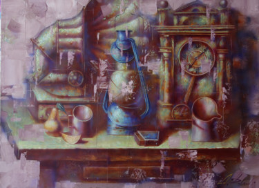 Painting titled "clock motif" by Dobrodiy Alexandr, Original Artwork, Oil Mounted on Wood Stretcher frame