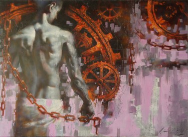 Painting titled "iron and man" by Dobrodiy Alexandr, Original Artwork, Oil Mounted on Wood Stretcher frame