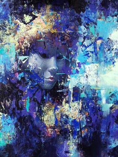 Painting titled "blue mask" by Dobrodiy Alexandr, Original Artwork, Oil Mounted on Cardboard