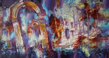 Painting titled "Evening under the a…" by Dobrodiy Alexandr, Original Artwork, Oil Mounted on Wood Stretcher frame