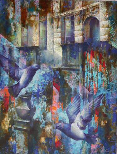 Картина под названием "Pigeons in the city" - Dobrodiy Alexandr, Подлинное произведение искусства, Масло