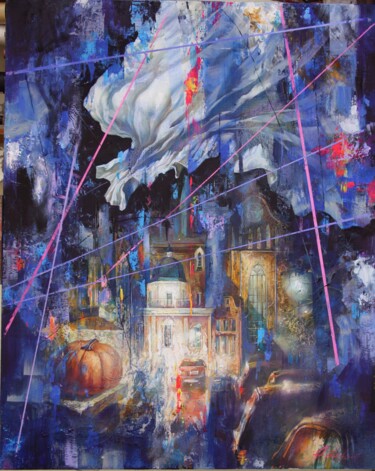 Painting titled "Night on the town." by Dobrodiy Alexandr, Original Artwork, Oil Mounted on Wood Stretcher frame