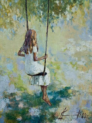 Картина под названием "На качелях" - Александр Елисеев, Подлинное произведение искусства, Масло